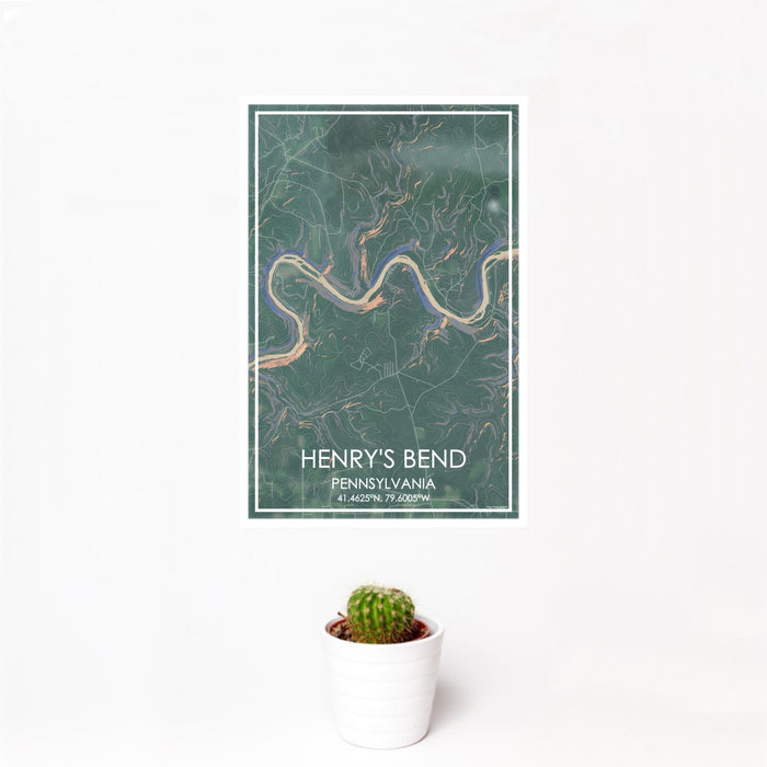 12x18 Henry's Bend Pennsylvania Map Print Portrait Orientation in Afternoon Style With Small Cactus Plant in White Planter