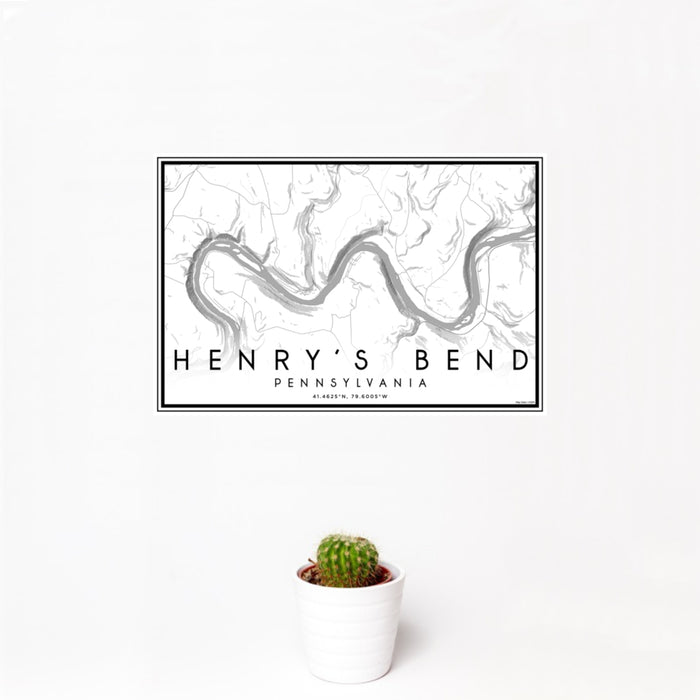 12x18 Henry's Bend Pennsylvania Map Print Landscape Orientation in Classic Style With Small Cactus Plant in White Planter