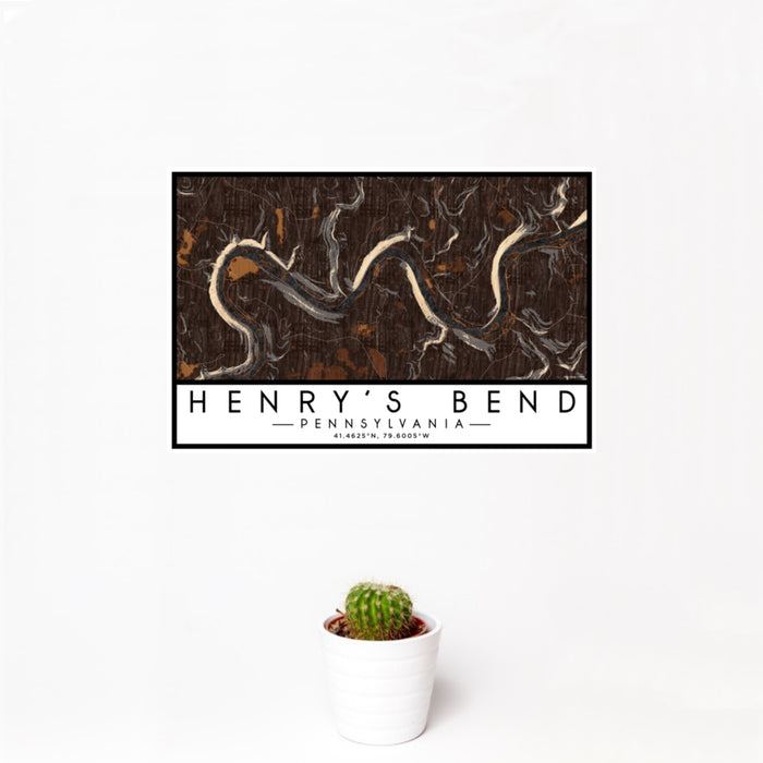 12x18 Henry's Bend Pennsylvania Map Print Landscape Orientation in Ember Style With Small Cactus Plant in White Planter