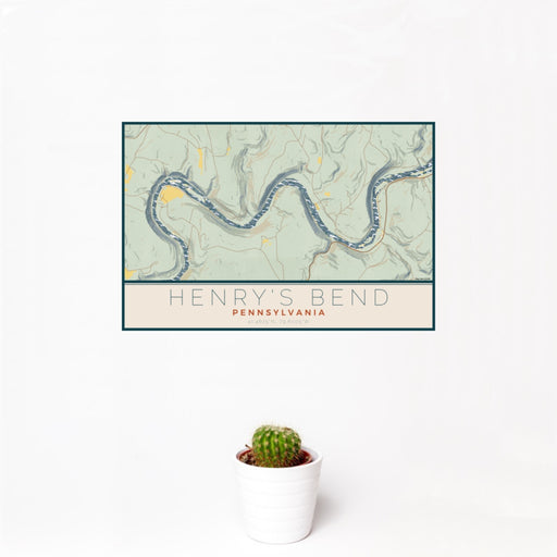 12x18 Henry's Bend Pennsylvania Map Print Landscape Orientation in Woodblock Style With Small Cactus Plant in White Planter