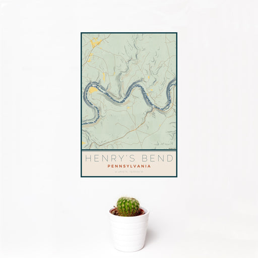 12x18 Henry's Bend Pennsylvania Map Print Portrait Orientation in Woodblock Style With Small Cactus Plant in White Planter