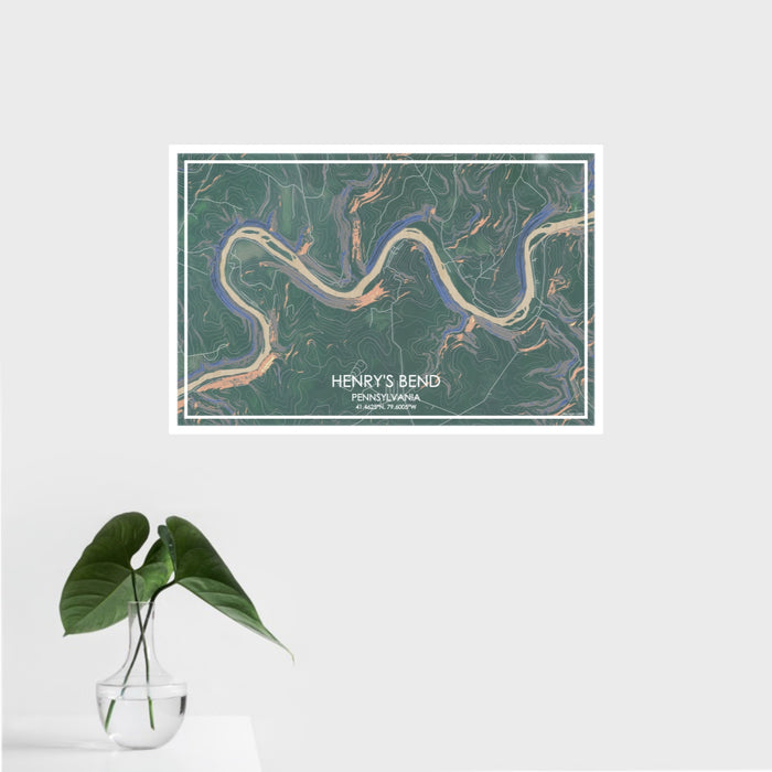 16x24 Henry's Bend Pennsylvania Map Print Landscape Orientation in Afternoon Style With Tropical Plant Leaves in Water