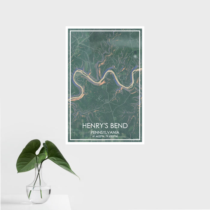 16x24 Henry's Bend Pennsylvania Map Print Portrait Orientation in Afternoon Style With Tropical Plant Leaves in Water