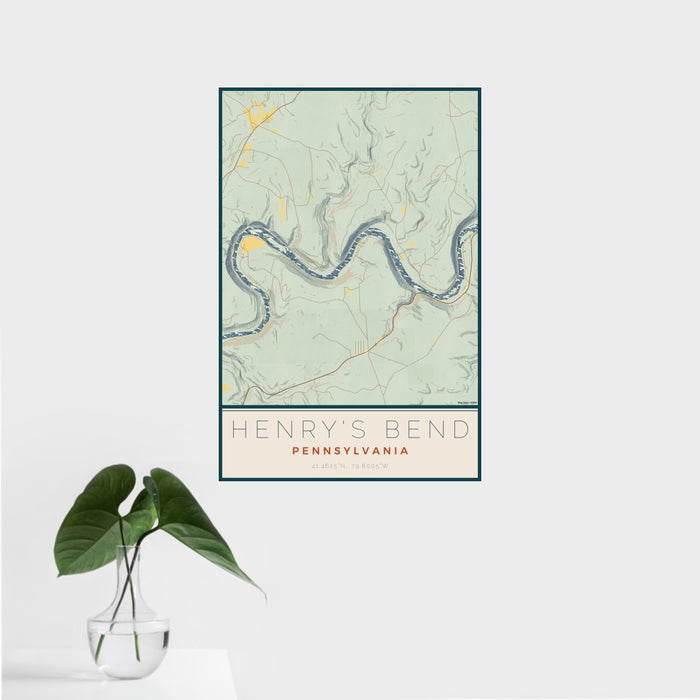 16x24 Henry's Bend Pennsylvania Map Print Portrait Orientation in Woodblock Style With Tropical Plant Leaves in Water