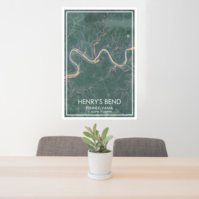 24x36 Henry's Bend Pennsylvania Map Print Portrait Orientation in Afternoon Style Behind 2 Chairs Table and Potted Plant