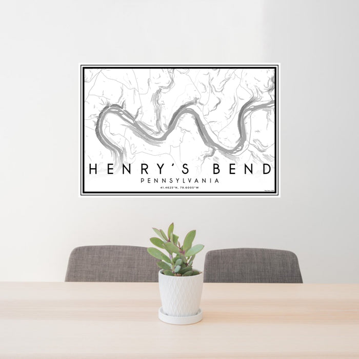 24x36 Henry's Bend Pennsylvania Map Print Lanscape Orientation in Classic Style Behind 2 Chairs Table and Potted Plant