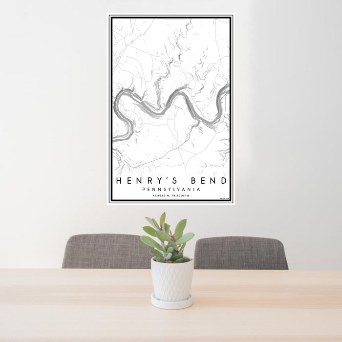24x36 Henry's Bend Pennsylvania Map Print Portrait Orientation in Classic Style Behind 2 Chairs Table and Potted Plant