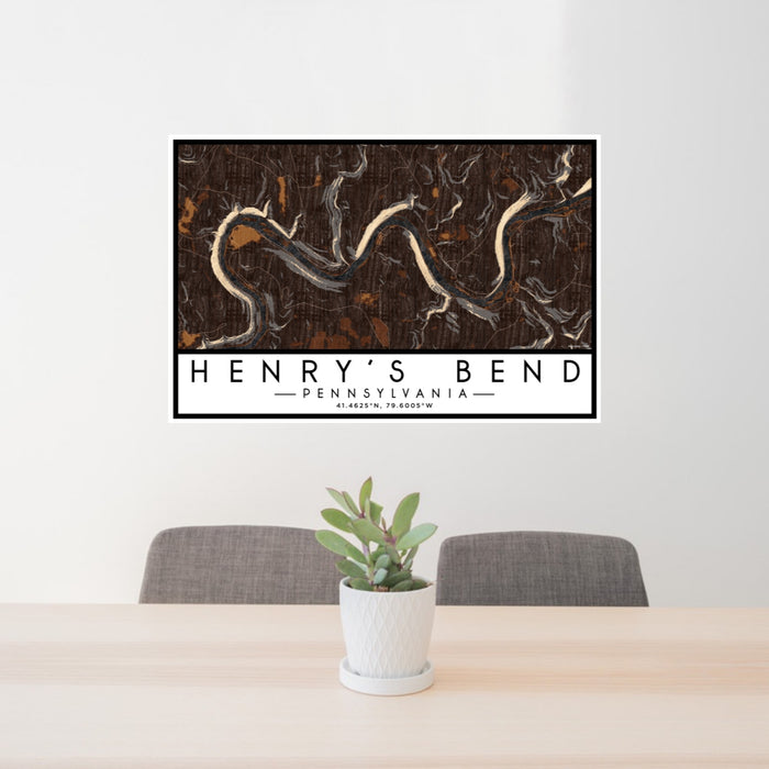 24x36 Henry's Bend Pennsylvania Map Print Lanscape Orientation in Ember Style Behind 2 Chairs Table and Potted Plant