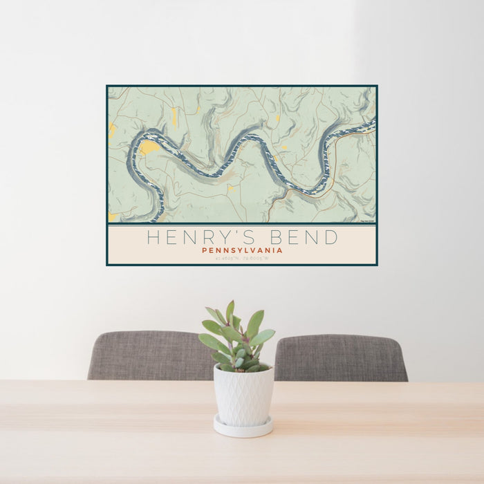 24x36 Henry's Bend Pennsylvania Map Print Lanscape Orientation in Woodblock Style Behind 2 Chairs Table and Potted Plant
