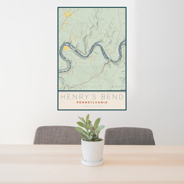 24x36 Henry's Bend Pennsylvania Map Print Portrait Orientation in Woodblock Style Behind 2 Chairs Table and Potted Plant