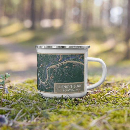 Right View Custom Henry's Bend Pennsylvania Map Enamel Mug in Afternoon on Grass With Trees in Background