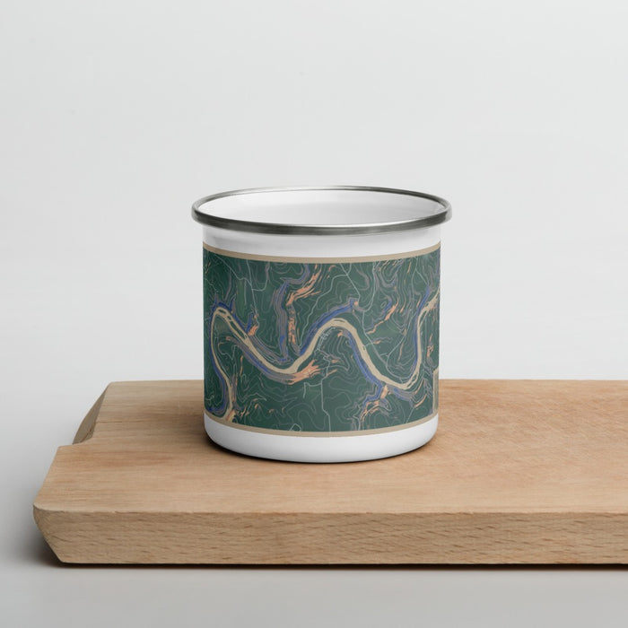 Front View Custom Henry's Bend Pennsylvania Map Enamel Mug in Afternoon on Cutting Board