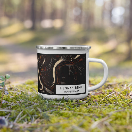 Right View Custom Henry's Bend Pennsylvania Map Enamel Mug in Ember on Grass With Trees in Background