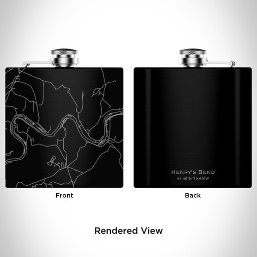 Rendered View of Henry's Bend Pennsylvania Map Engraving on 6oz Stainless Steel Flask in Black