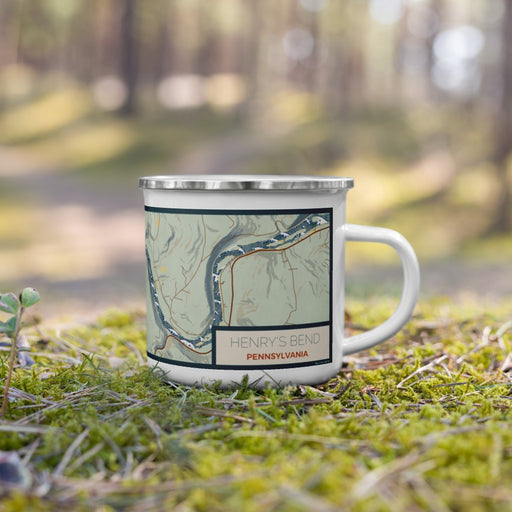 Right View Custom Henry's Bend Pennsylvania Map Enamel Mug in Woodblock on Grass With Trees in Background