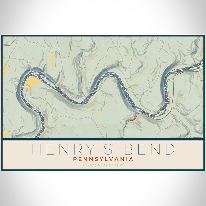 Henry's Bend Pennsylvania Map Print Landscape Orientation in Woodblock Style With Shaded Background