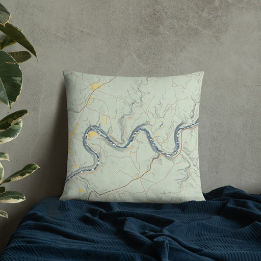 Custom Henry's Bend Pennsylvania Map Throw Pillow in Woodblock on Bedding Against Wall