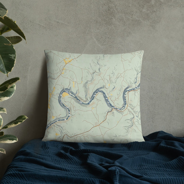 Custom Henry's Bend Pennsylvania Map Throw Pillow in Woodblock on Bedding Against Wall