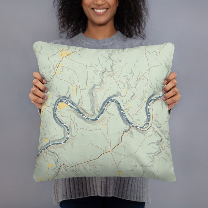 Person holding 18x18 Custom Henry's Bend Pennsylvania Map Throw Pillow in Woodblock