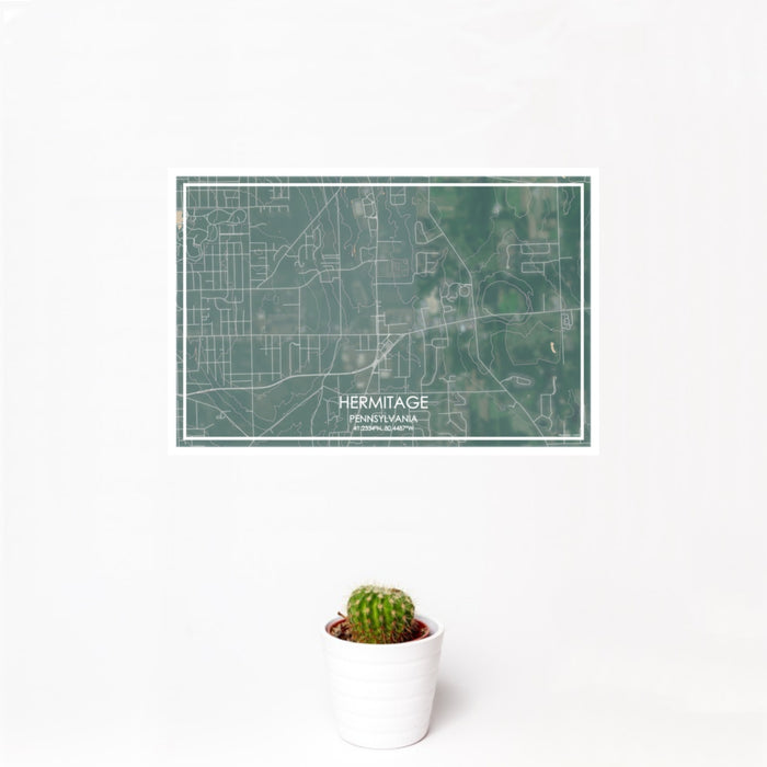 12x18 Hermitage Pennsylvania Map Print Landscape Orientation in Afternoon Style With Small Cactus Plant in White Planter