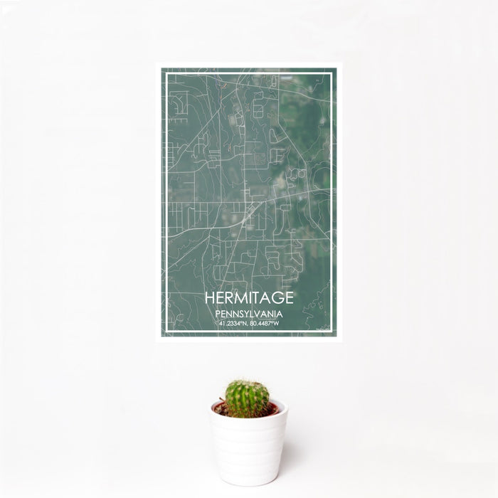 12x18 Hermitage Pennsylvania Map Print Portrait Orientation in Afternoon Style With Small Cactus Plant in White Planter