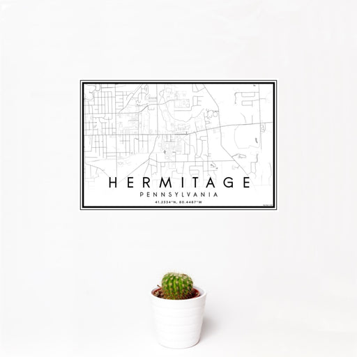 12x18 Hermitage Pennsylvania Map Print Landscape Orientation in Classic Style With Small Cactus Plant in White Planter