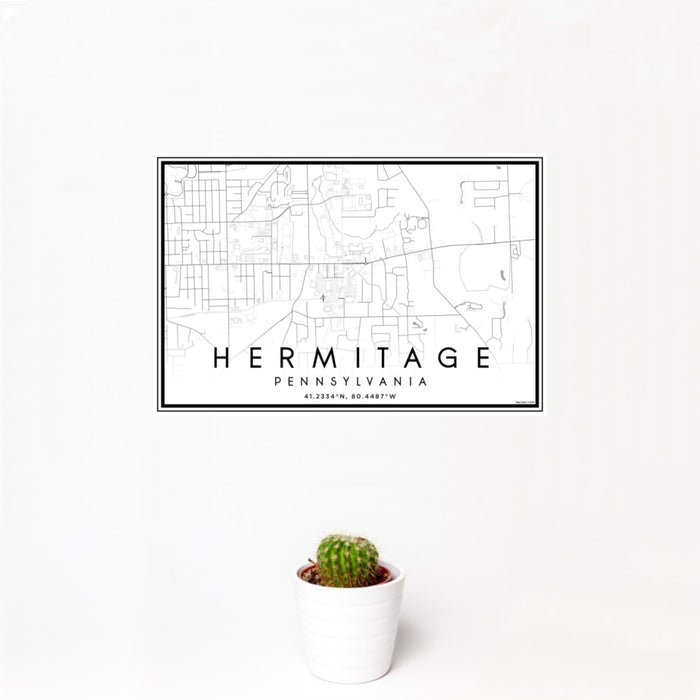 12x18 Hermitage Pennsylvania Map Print Landscape Orientation in Classic Style With Small Cactus Plant in White Planter