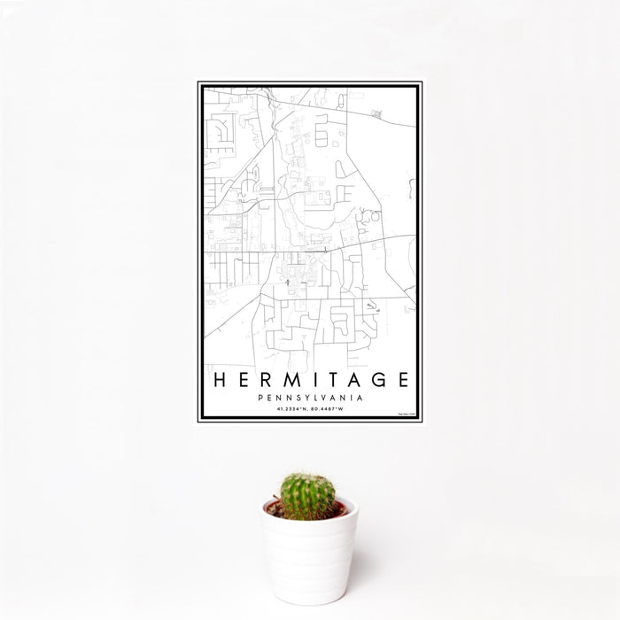 12x18 Hermitage Pennsylvania Map Print Portrait Orientation in Classic Style With Small Cactus Plant in White Planter