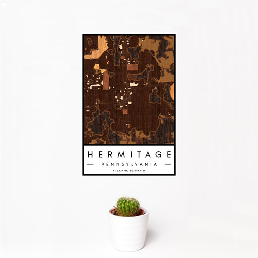 12x18 Hermitage Pennsylvania Map Print Portrait Orientation in Ember Style With Small Cactus Plant in White Planter