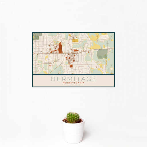 12x18 Hermitage Pennsylvania Map Print Landscape Orientation in Woodblock Style With Small Cactus Plant in White Planter