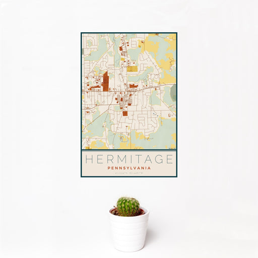 12x18 Hermitage Pennsylvania Map Print Portrait Orientation in Woodblock Style With Small Cactus Plant in White Planter