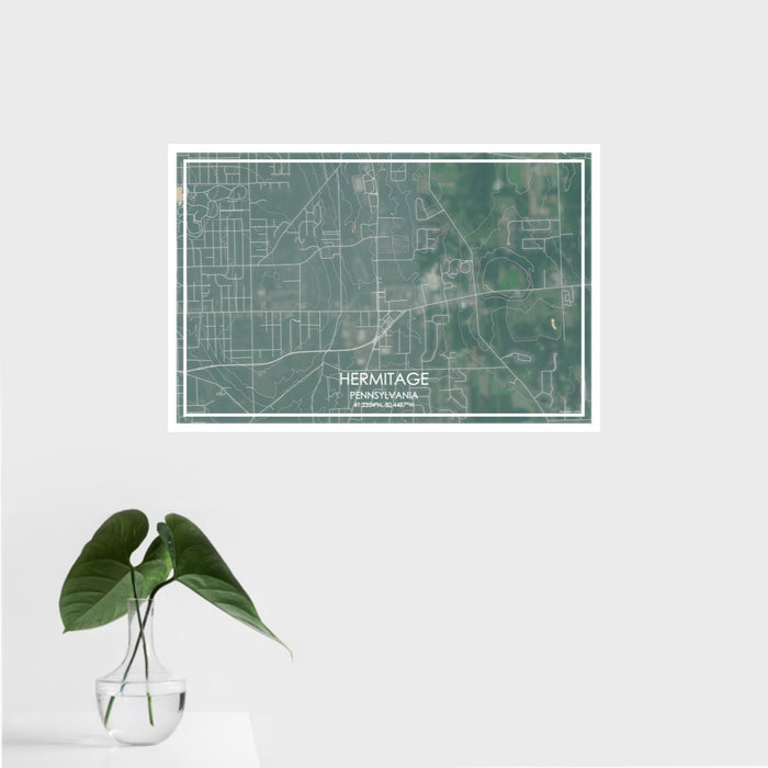 16x24 Hermitage Pennsylvania Map Print Landscape Orientation in Afternoon Style With Tropical Plant Leaves in Water