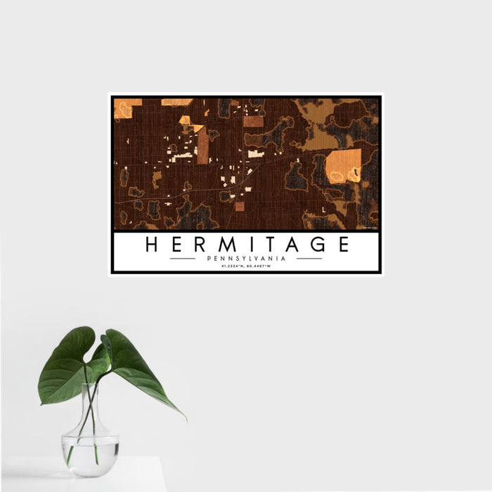 16x24 Hermitage Pennsylvania Map Print Landscape Orientation in Ember Style With Tropical Plant Leaves in Water