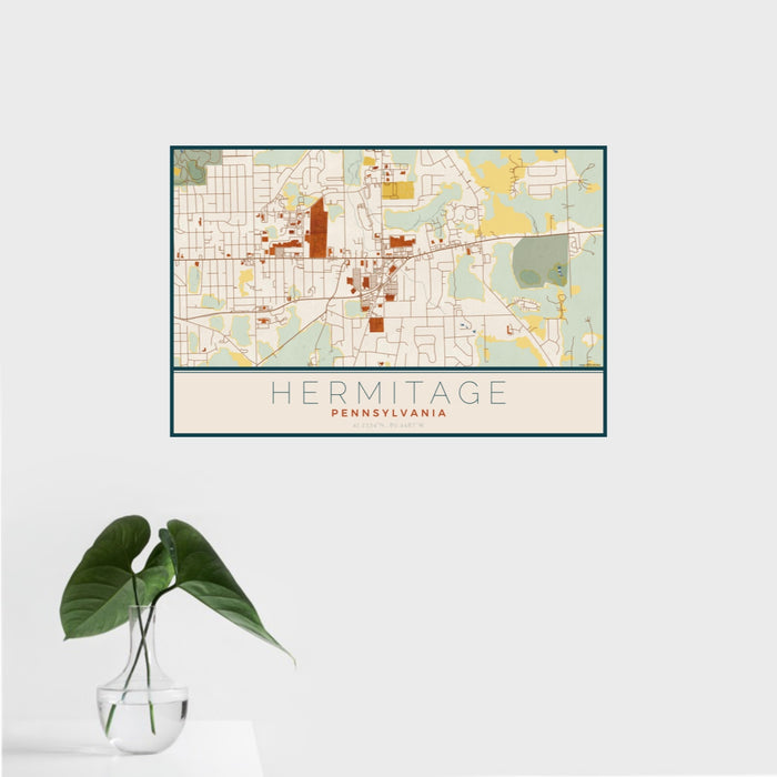 16x24 Hermitage Pennsylvania Map Print Landscape Orientation in Woodblock Style With Tropical Plant Leaves in Water