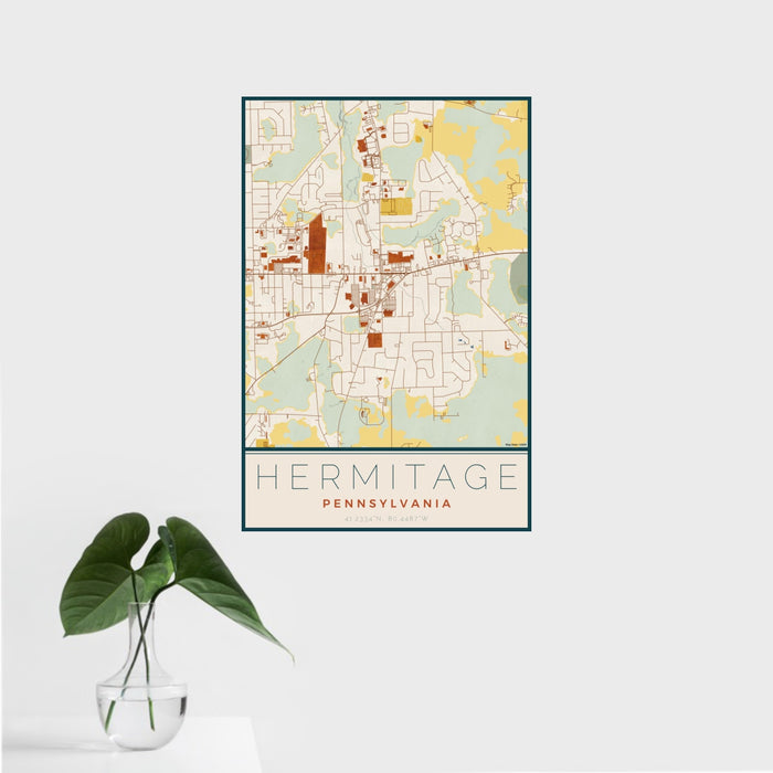 16x24 Hermitage Pennsylvania Map Print Portrait Orientation in Woodblock Style With Tropical Plant Leaves in Water