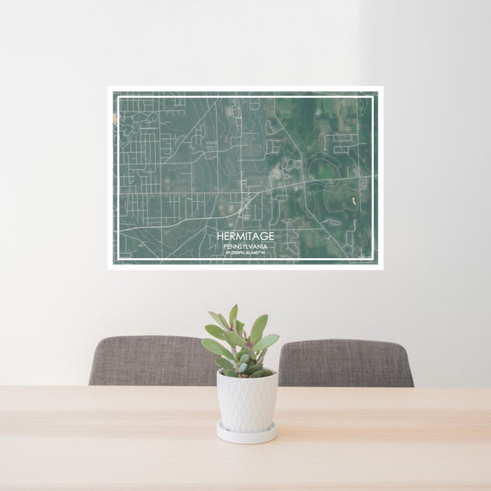 24x36 Hermitage Pennsylvania Map Print Lanscape Orientation in Afternoon Style Behind 2 Chairs Table and Potted Plant