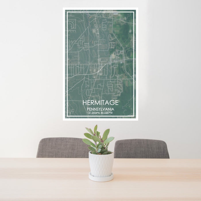 24x36 Hermitage Pennsylvania Map Print Portrait Orientation in Afternoon Style Behind 2 Chairs Table and Potted Plant