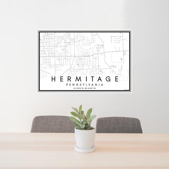 24x36 Hermitage Pennsylvania Map Print Lanscape Orientation in Classic Style Behind 2 Chairs Table and Potted Plant