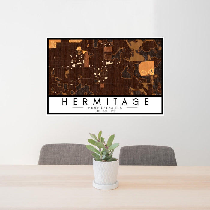 24x36 Hermitage Pennsylvania Map Print Lanscape Orientation in Ember Style Behind 2 Chairs Table and Potted Plant