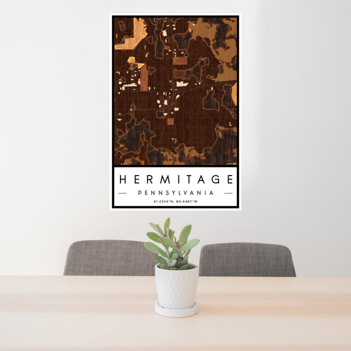 24x36 Hermitage Pennsylvania Map Print Portrait Orientation in Ember Style Behind 2 Chairs Table and Potted Plant
