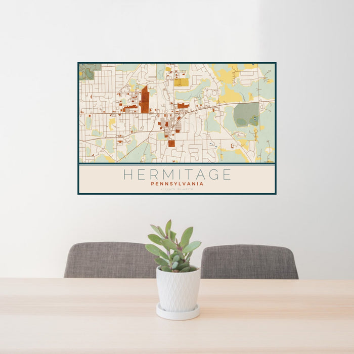 24x36 Hermitage Pennsylvania Map Print Lanscape Orientation in Woodblock Style Behind 2 Chairs Table and Potted Plant