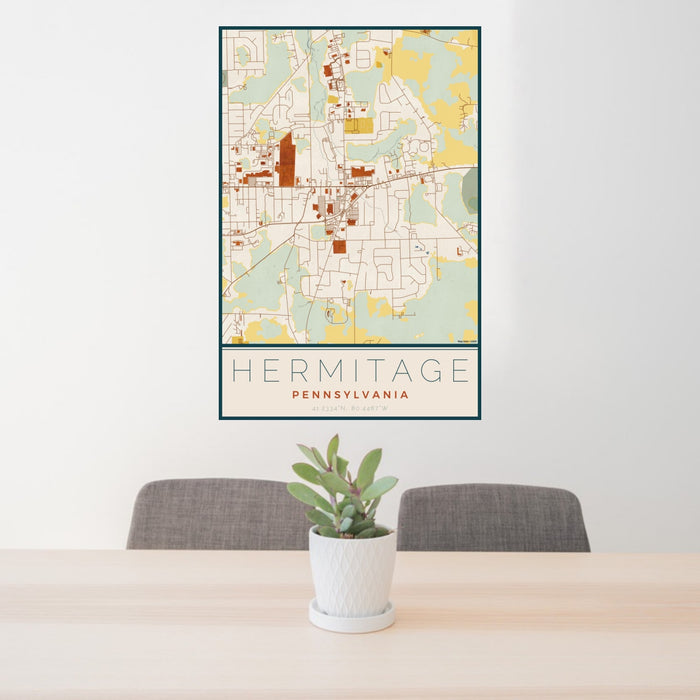 24x36 Hermitage Pennsylvania Map Print Portrait Orientation in Woodblock Style Behind 2 Chairs Table and Potted Plant
