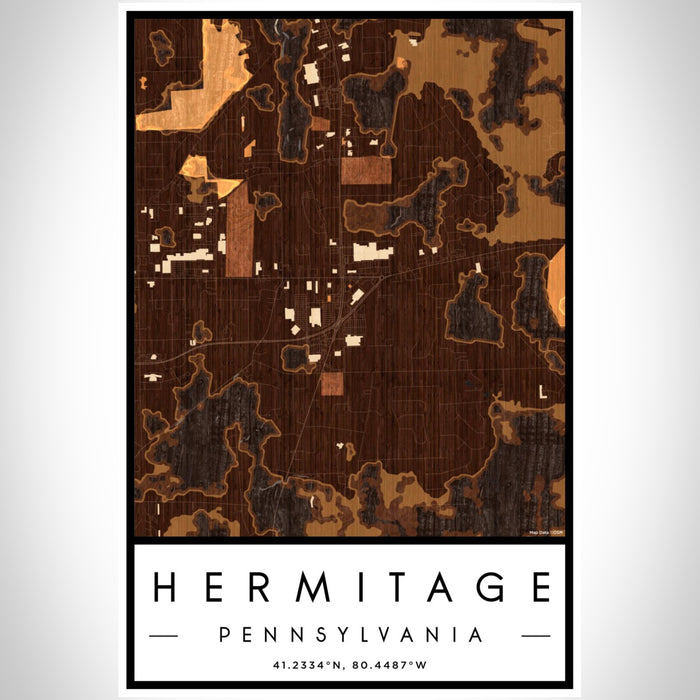 Hermitage Pennsylvania Map Print Portrait Orientation in Ember Style With Shaded Background
