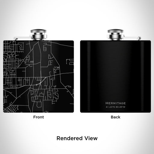 Rendered View of Hermitage Pennsylvania Map Engraving on 6oz Stainless Steel Flask in Black