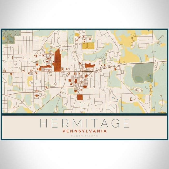 Hermitage Pennsylvania Map Print Landscape Orientation in Woodblock Style With Shaded Background