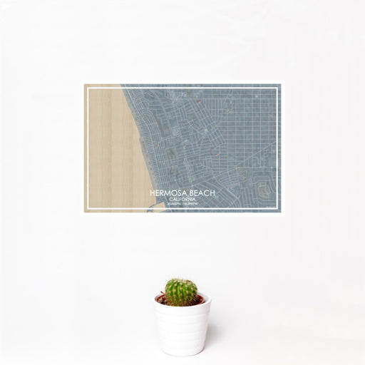 12x18 Hermosa Beach California Map Print Landscape Orientation in Afternoon Style With Small Cactus Plant in White Planter