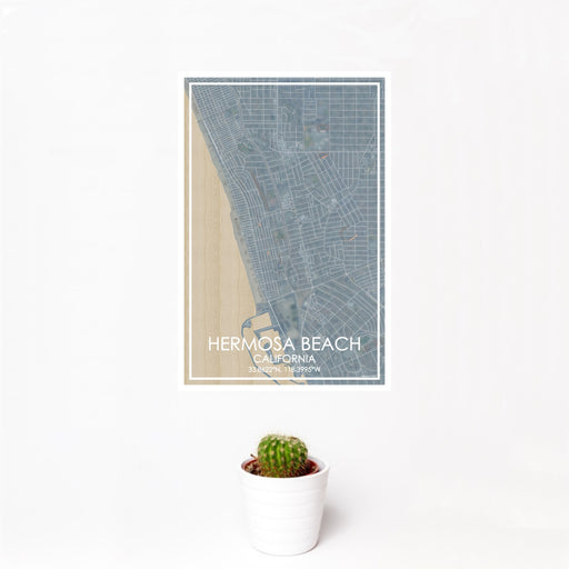 12x18 Hermosa Beach California Map Print Portrait Orientation in Afternoon Style With Small Cactus Plant in White Planter