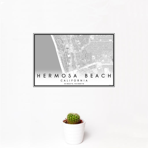 12x18 Hermosa Beach California Map Print Landscape Orientation in Classic Style With Small Cactus Plant in White Planter