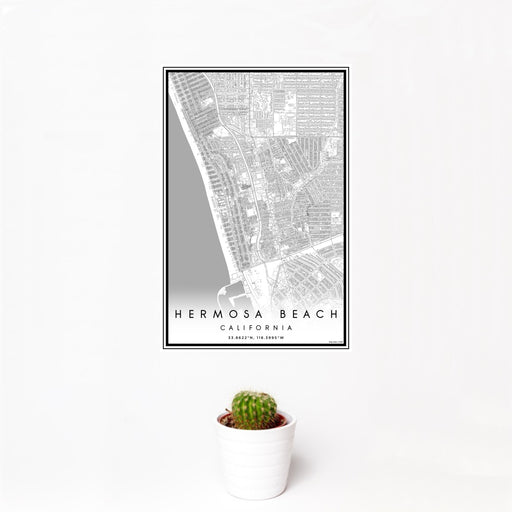 12x18 Hermosa Beach California Map Print Portrait Orientation in Classic Style With Small Cactus Plant in White Planter