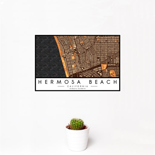 12x18 Hermosa Beach California Map Print Landscape Orientation in Ember Style With Small Cactus Plant in White Planter